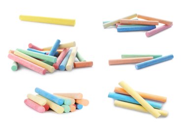 Beyaz arkaplanda renkli tebeşir parçaları ile ayarlandı