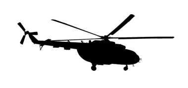 Ordu helikopterinin silueti beyaz pankartta izole edilmiş. Askeri makineler.