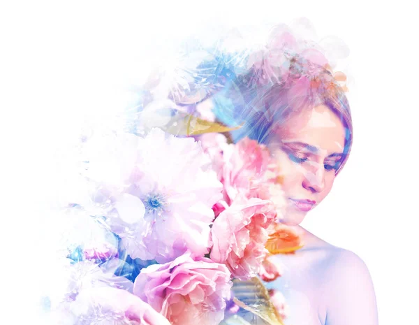 Doppelbelichtung Von Schöner Frau Und Blühenden Blumen — Stockfoto