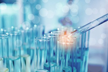 Laboratuvarda numuneyle test tüpüne damlatılıyor, yakın plan. Kimyasal analiz.