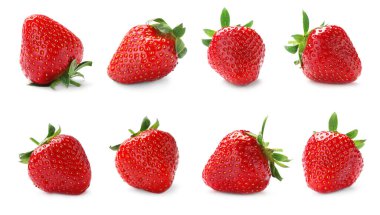 Beyaz arka planda lezzetli çileklerle ayarlanmış.