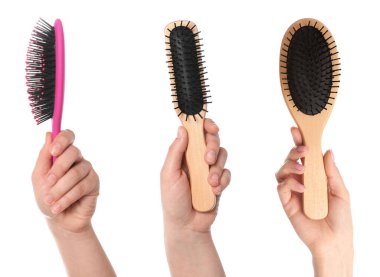 Beyaz arka planda farklı saç fırçaları tutan kadınların fotoğraflarıyla, yakın plan. Kuaför servisi