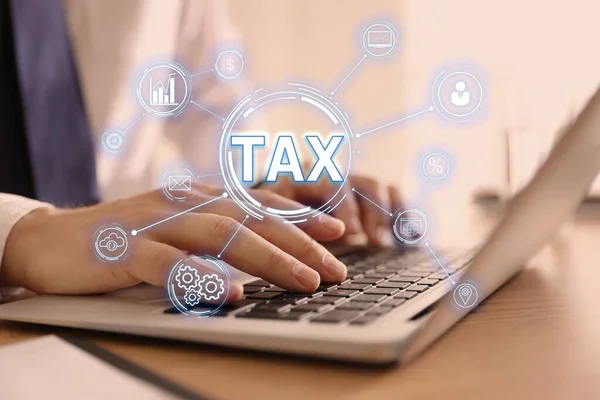 Tax Concept Scheme Icons Man Using Laptop Background — Stock Photo, Image