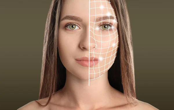 Sistema Reconocimiento Facial Mujer Con Rejilla Biométrica Digital Sobre Fondo —  Fotos de Stock