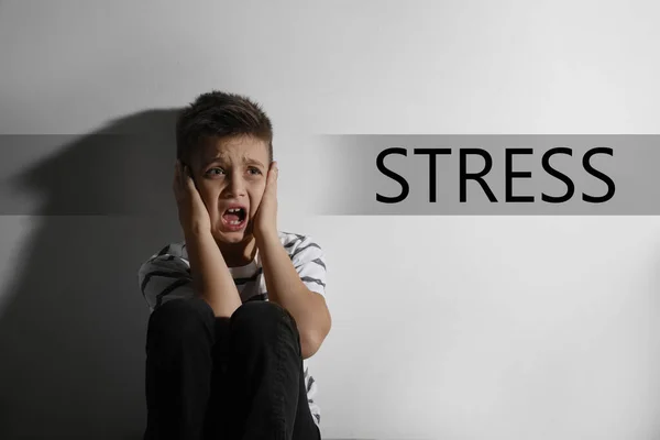 Scared Little Boy White Wall Word Stress — Stock Photo, Image