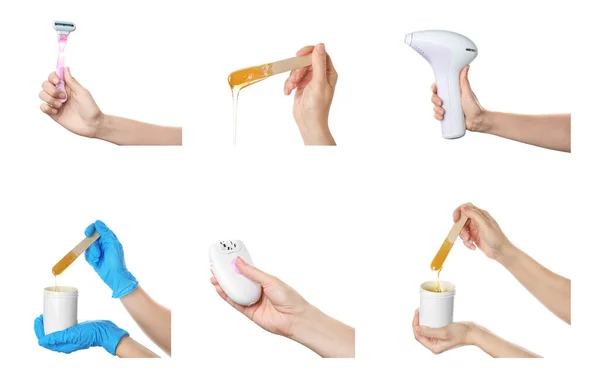 Collage Women Holding Different Devices Epilation White Background Closeup — Stock Photo, Image