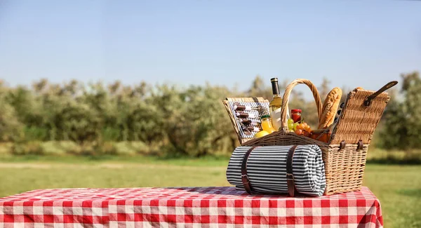 Cesta Piquenique Com Vinho Lanches Esteira Mesa Parque Espaço Para — Fotografia de Stock