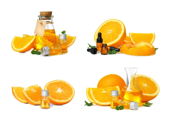 Set Mit Flaschen Ätherischer Öle Und Frischen Orangen Auf Weißem — Stockfoto