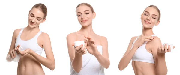 Collage Photos Young Woman Applying Body Cream White Background Banner — Stock Photo, Image