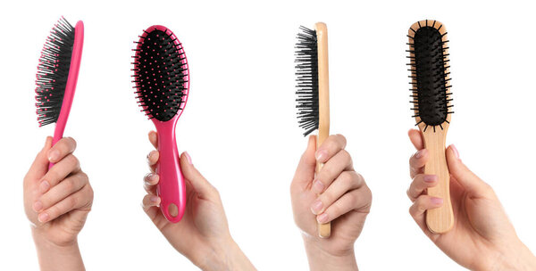 Set with photos of woman holding different hair brushes on white background, closeup. Hairdresser service