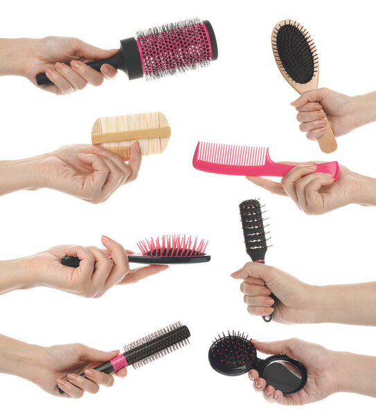 Set with photos of people holding different hair brushes on white background, closeup 