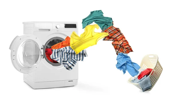 Washing Machine Flying Clothes White Background — Stock Photo, Image