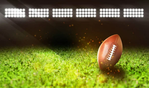 Leather American Ball Green Football Field Space Text — Stock Photo, Image