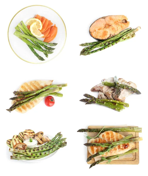 Набор Различных Вкусных Блюд Спаржей Белом Фоне Вид Сверху — стоковое фото