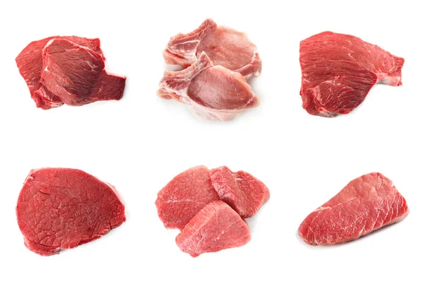 Set Mit Rohem Fleisch Auf Weißem Hintergrund Draufsicht — Stockfoto