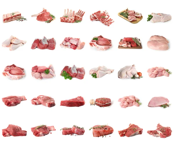 Set Mit Verschiedenen Rohen Fleisch Auf Weißem Hintergrund — Stockfoto