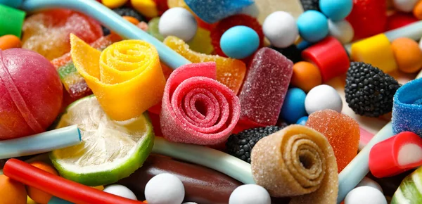 Viele Verschiedene Leckere Bonbons Als Hintergrund Bannerdesign — Stockfoto