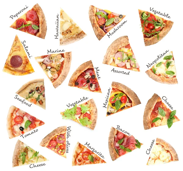 Set Met Plakjes Verschillende Pizza Witte Achtergrond Bovenaanzicht — Stockfoto