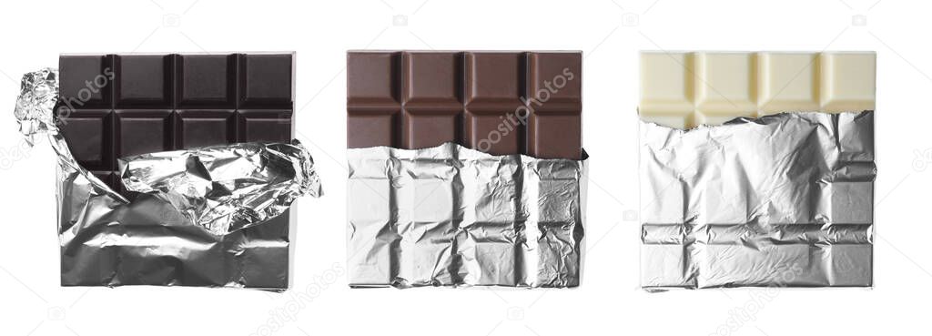 Set with different chocolate bars on white background, top view. Banner design