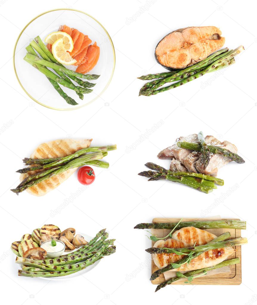 Set of different delicious meals with asparagus on white background, top view 