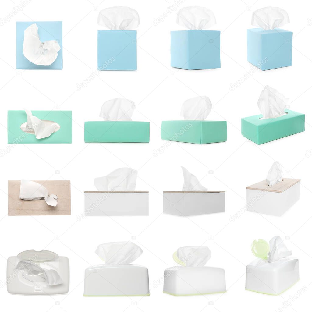 Set with paper tissues on white background 