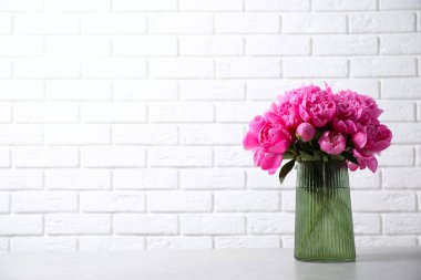 Masadaki vazoda bir buket güzel şakayık. Metin için boşluk