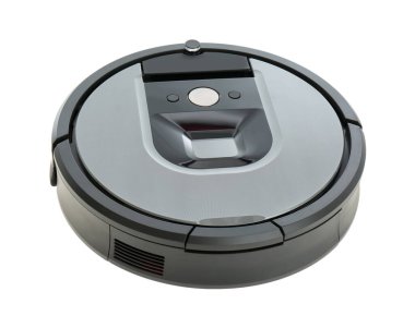 Modern robotik süpürge beyaza izole edilmiş.
