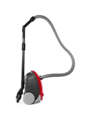 Modern kırmızı elektrik süpürgesi beyaza izole edilmiş.