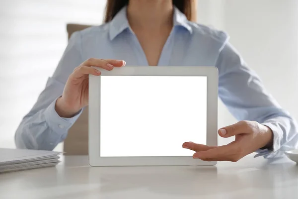 Businesswoman Holding Modern Tablet Blank Screen White Table Office Closeup — Stock Photo, Image