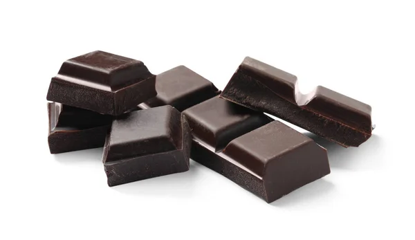 Шматочки Смачного Темного Шоколаду Ізольовані Білому — стокове фото