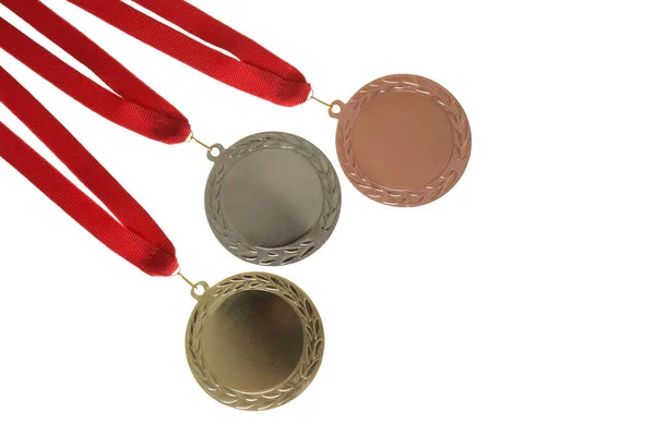 Gold, silver and bronze medals isolated on white. Space for design