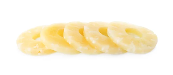 Deliciosos Anéis Abacaxi Enlatados Fundo Branco — Fotografia de Stock
