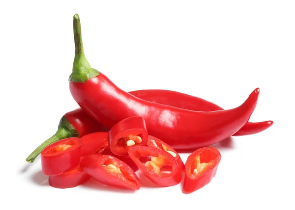 Cut Whole Red Hot Chili Peppers White Background — Stock Photo, Image