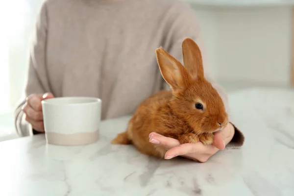 Ung Kvinna Med Kopp Kaffe Och Bedårande Kanin Vid Bordet — Stockfoto