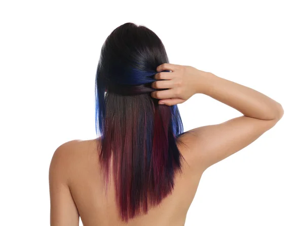 白地に明るい染めの髪を持つ若い女性 バックビュー — ストック写真
