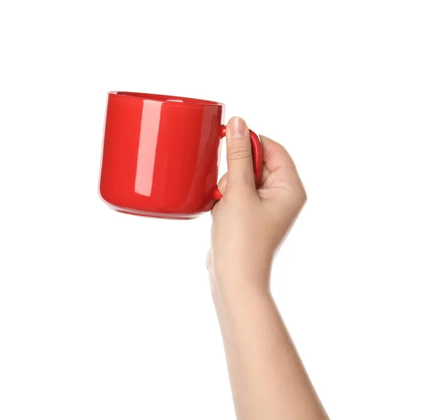 Женщина Держит Красную Чашку Белом Фоне Крупным Планом — стоковое фото