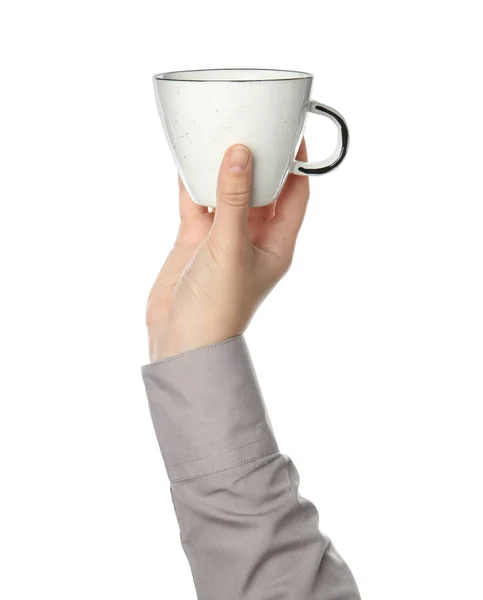 Femme Tenant Tasse Sur Fond Blanc Gros Plan — Photo