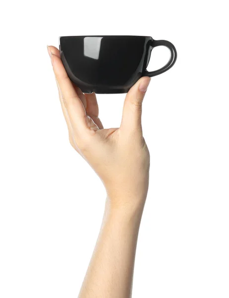 Frau Mit Schwarzer Tasse Auf Weißem Hintergrund Nahaufnahme — Stockfoto