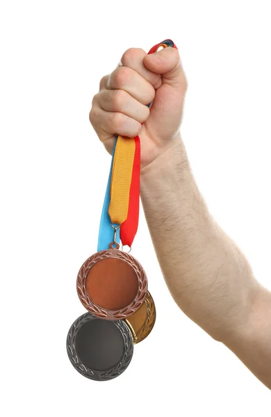 Man Holding Medals White Background Closeup Space Design — Stock Photo, Image