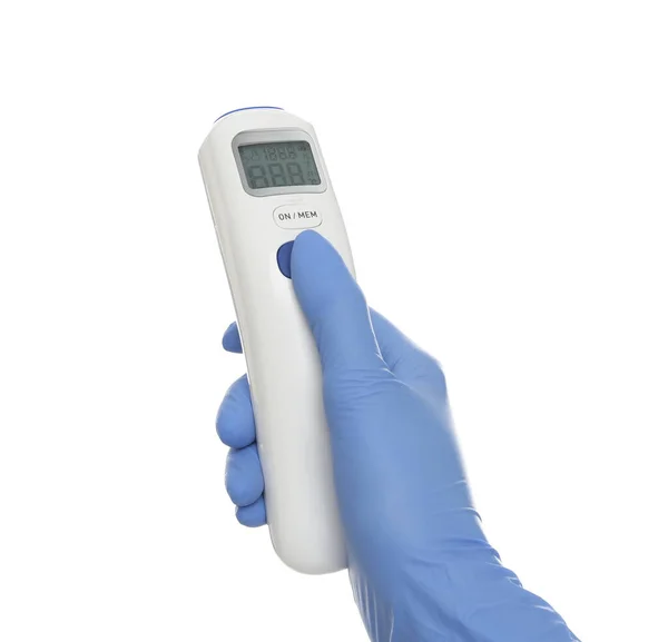 Γιατρός Γάντια Λατέξ Που Κρατάει Θερμόμετρο Υπέρυθρων Χωρίς Επαφή Λευκό — Φωτογραφία Αρχείου