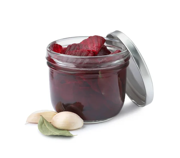 Pickled beets in jar and garlic isolated on white — Stock Image Pickled Beets Jar Garlic Isolated White Royalty Free Stock Photos