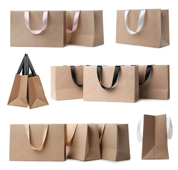 Set Avec Des Sacs Kraft Papier Sur Fond Blanc — Photo