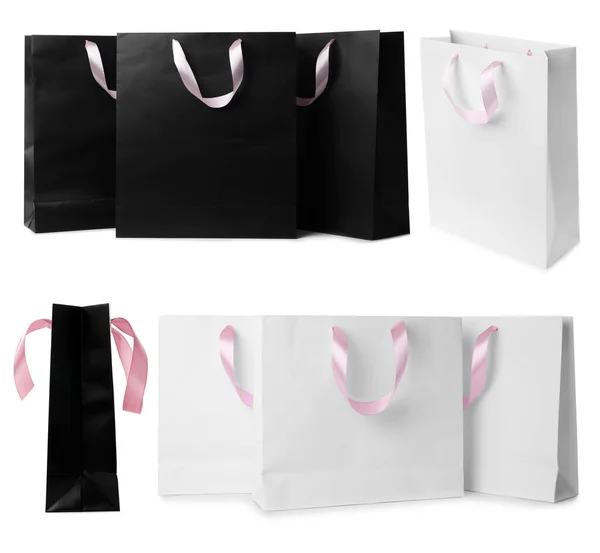 Conjunto Com Diferentes Sacos Compras Papel Fundo Branco — Fotografia de Stock