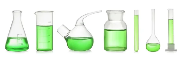 Set Laboratory Glassware Green Liquid White Background Banner Design — Stock Photo, Image