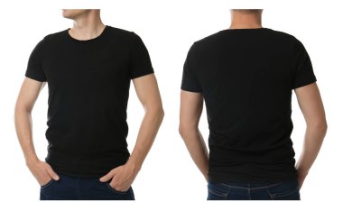 Beyaz arka planda siyah tişörtlü adam, yakın plan.