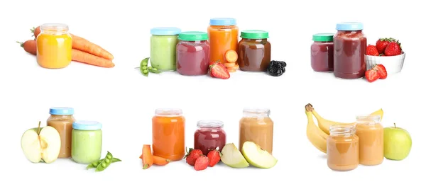 Set Borcane Diferite Alimente Pentru Copii Fundal Alb Design Banner — Fotografie, imagine de stoc