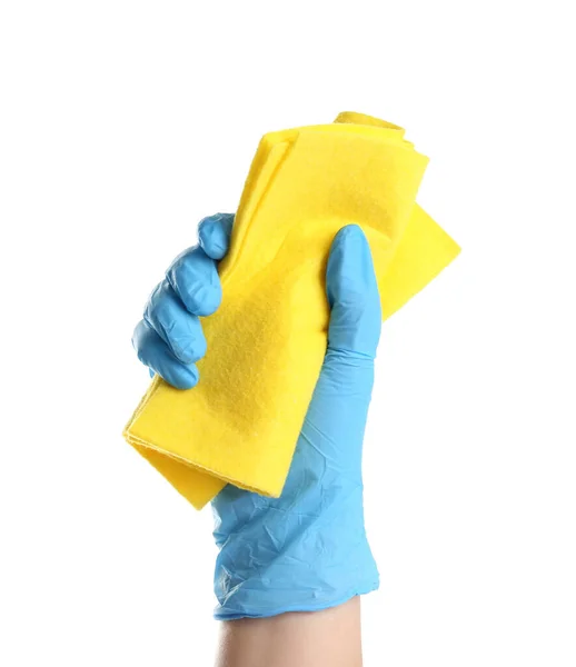 Woman Blue Latex Gloves Rag White Background Closeup Hand — Stock Photo, Image