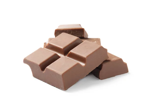 Trozos Delicioso Chocolate Con Leche Aislado Blanco —  Fotos de Stock