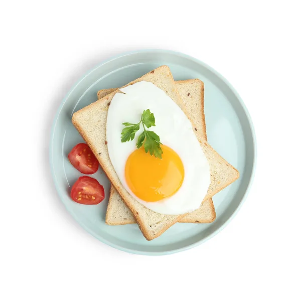 Smaklig Stekt Ägg Med Bröd Och Tomat Isolerad Vit Ovanifrån — Stockfoto