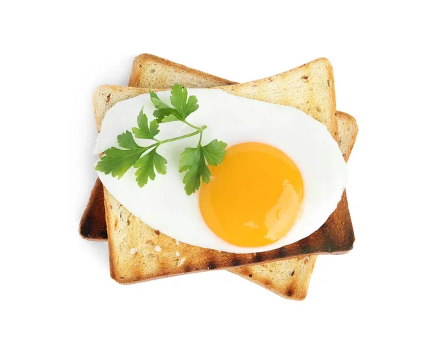 Вкусное Жареное Куриное Яйцо Тостами Петрушкой Изолированы Белом Вид Сверху — стоковое фото